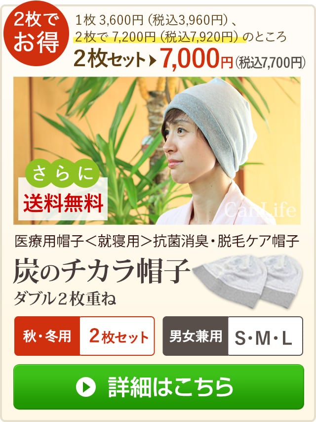 秋冬用 医療用帽子＜就寝用＞消臭抗菌・脱毛ケア帽子【炭のチカラ帽子】ダブル２枚仕立て（２枚セット）（男女兼用）