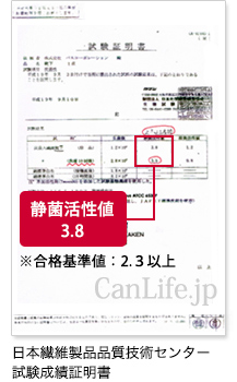 日本繊維製品品質技術センター試験成績証明書